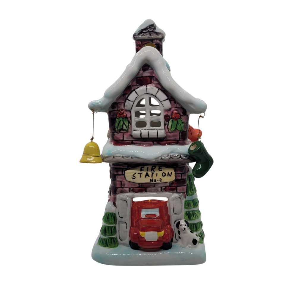 Elements Ceramic Fire Station No 3 Christmas Village Tea Light Candle Holder